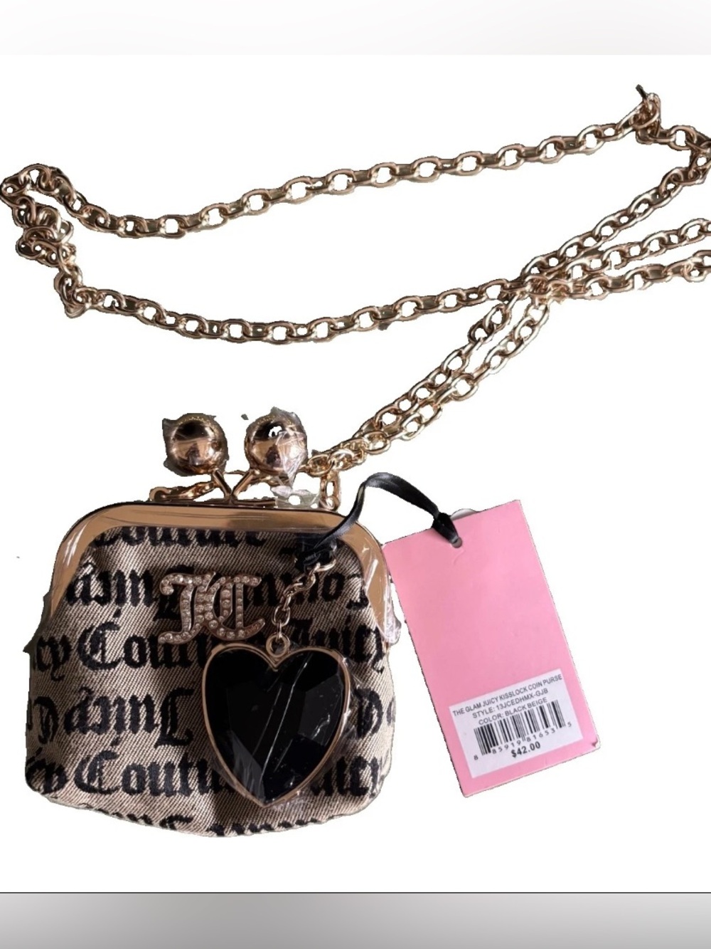 Juicy Couture Easy Rider Kisslock Coin Purse Black Beige Chain NWT